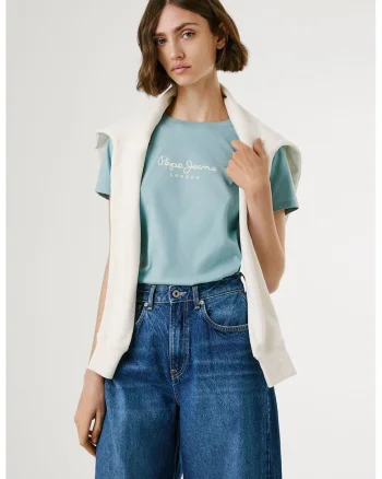 Tricou din bumbac cu decolteu la baza gatului si detaliu cu logo pe piept, Turcoaz