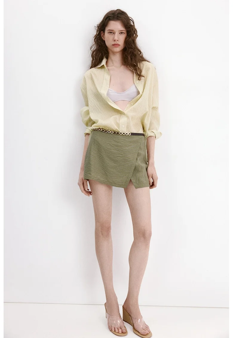 Fusta-pantalon mini texturata cu talie inalta, Verde feriga