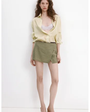 Fusta-pantalon mini texturata cu talie inalta, Verde feriga