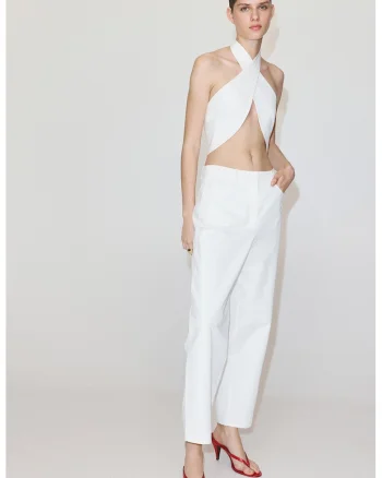 Pantaloni balloon fit cu talie inalta, Alb optic
