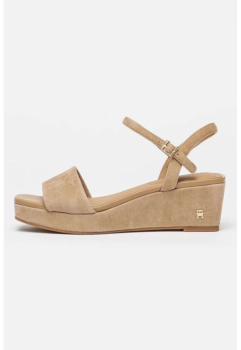 Sandale wedge de piele intoarsa, Bej inchis