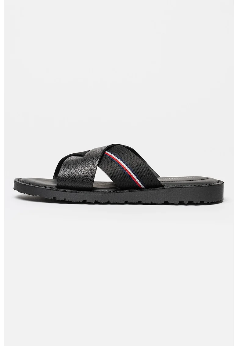 Papuci de piele cu insertii textile, Negru carbon