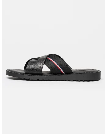 Papuci de piele cu insertii textile, Negru carbon