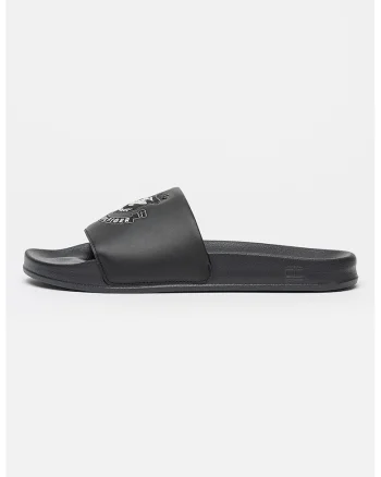 Papuci de piele ecologica cu logo, Negru carbon