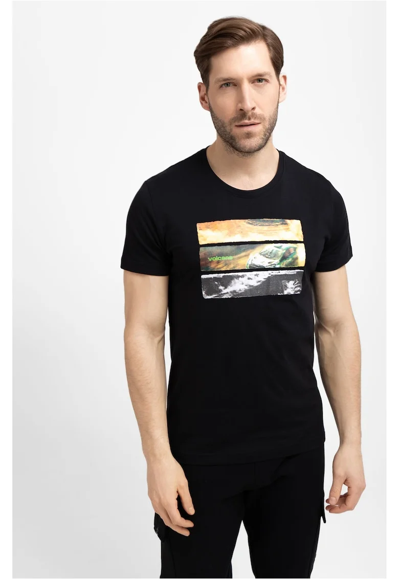 Tricou din bumbac pentru barbati  T-Reli, negru cu imprimeu, Negru