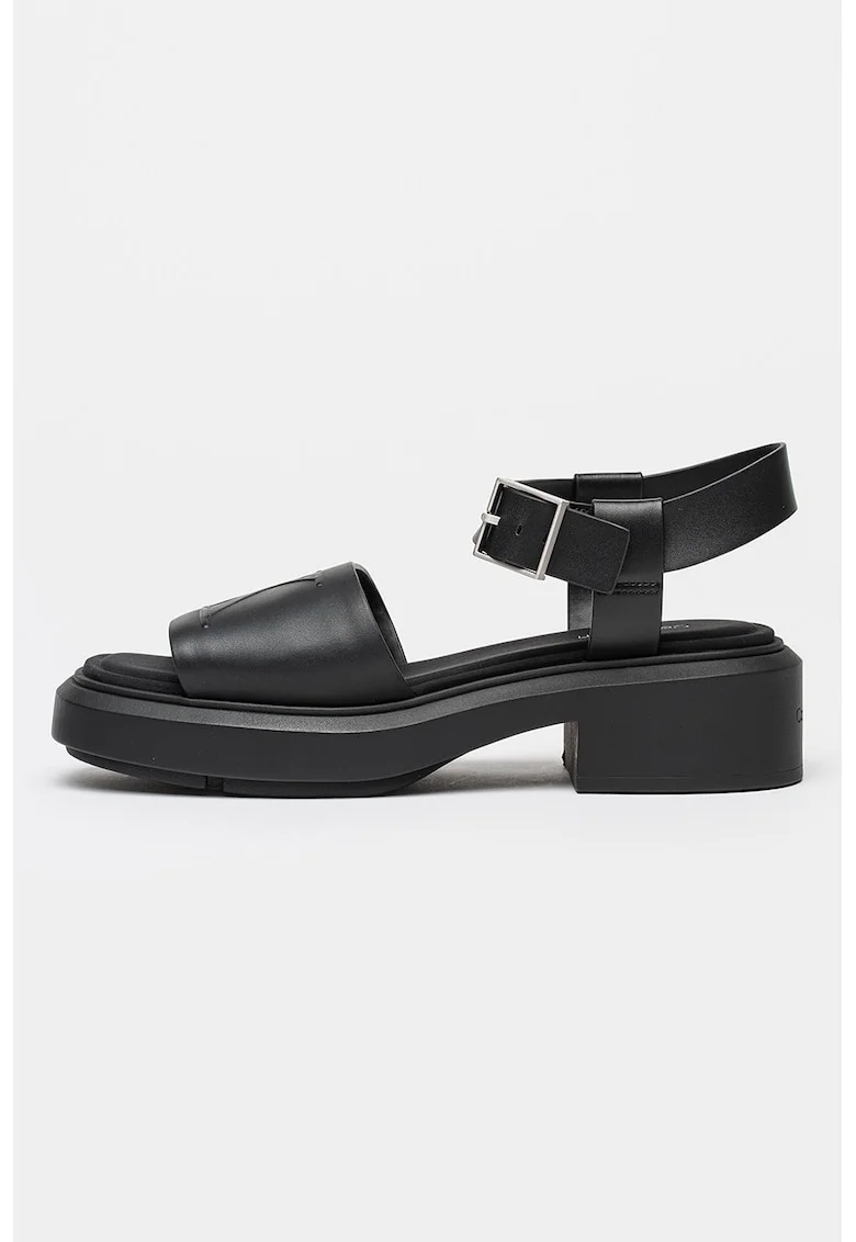 Sandale de piele cu toc masiv, Negru stins
