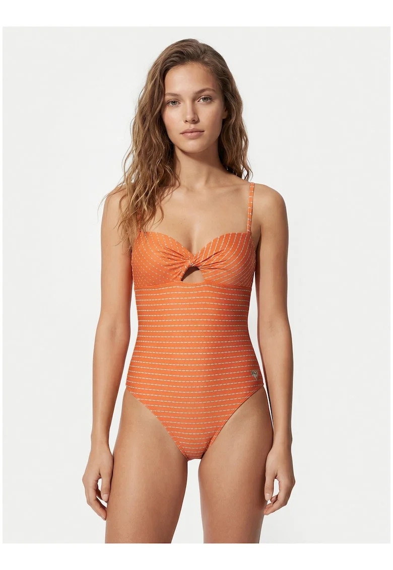 Costum de baie dama,  portocaliu, dungi, material sintetic, fara inchidere