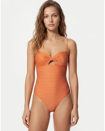 Costum de baie dama,  portocaliu, dungi, material sintetic, fara inchidere