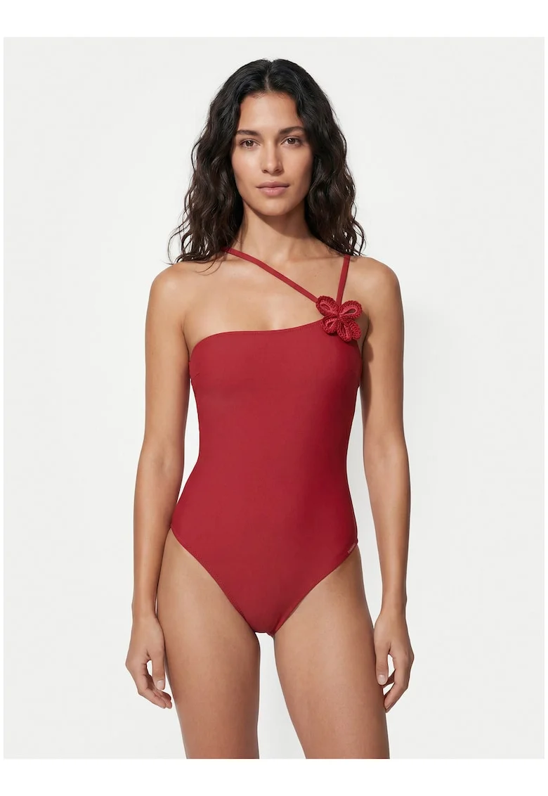 Costum de baie dama,  rosu, croiala modelatoare, material sintetic