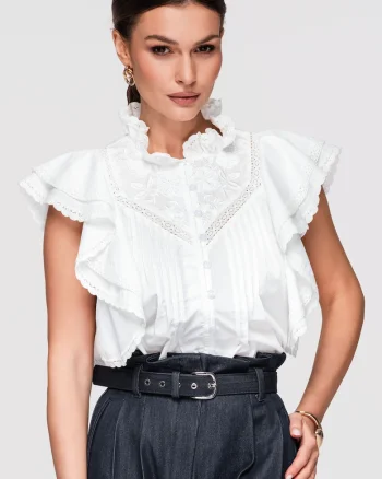 Camasa Dama Eleganta cu Guler Inalt si Maneci Scurte cu Volane, din Poliester, Alb