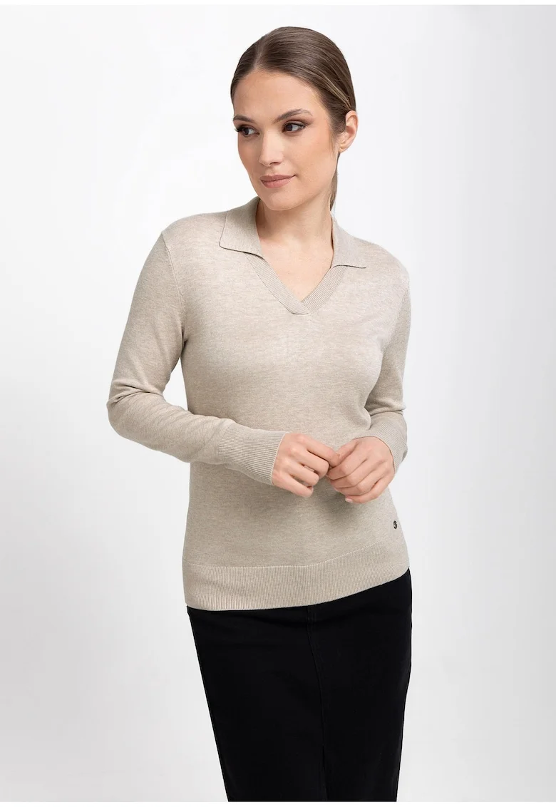Pulover dama cu guler  S-Toyo, decolteu in V, Slim Fit, bej melange, Bej melange