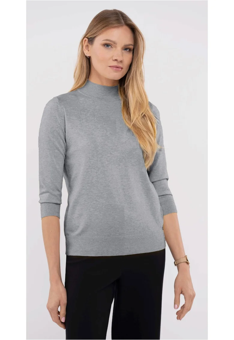 Pulover cu guler inalt, dama, maneci trei sferturi,  S-Tess, gri melange, Gri melange