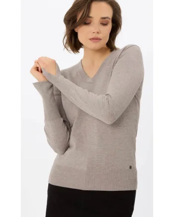 Pulover dama cu decolteu in V,  S-Neli, Slim Fit, bej melange, Bej melange