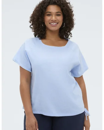 Bluza din amestec de in cu maneci scurte, Albastru pastel