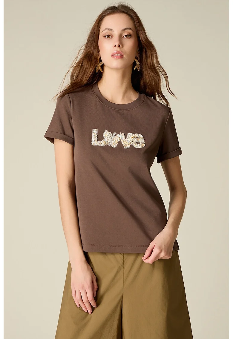 Tricou cu aplicatii din strasuri, Maro inchis/Bej/Argintiu