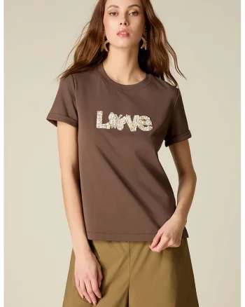 Tricou cu aplicatii din strasuri, Maro inchis/Bej/Argintiu