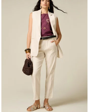 Pantaloni conici din amestec de in cu talie elastica, Alb fildes