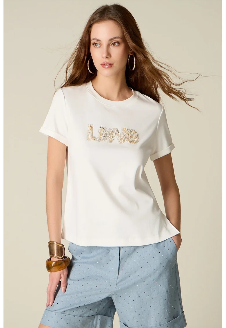 Tricou cu aplicatii din strasuri, Alb/Bej/Argintiu