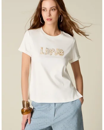 Tricou cu aplicatii din strasuri, Alb/Bej/Argintiu