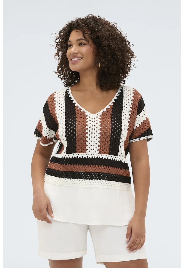 Bluza tricotata cu decolteu in V, Alb/Negru/Maro