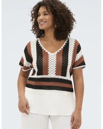 Bluza tricotata cu decolteu in V, Alb/Negru/Maro