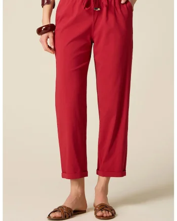 Pantaloni crop cu croiala conica si snur in talie, Rosu inchis