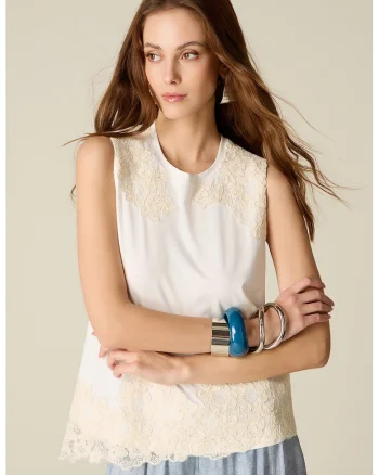 Bluza cu dantela, fara maneci, Alb/Bej deschis