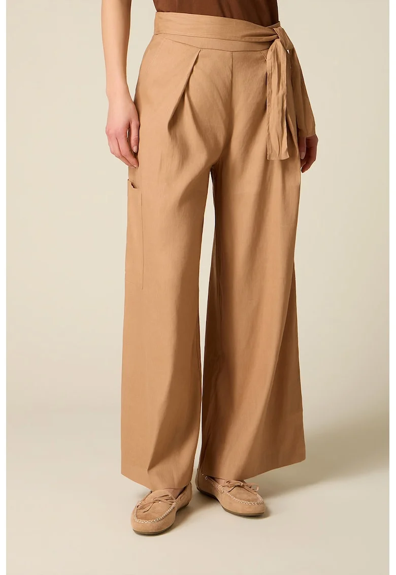 Pantaloni din amestec de in cu croiala ampla si buzunare laterale, Portocaliu deschis