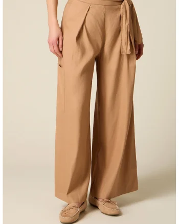 Pantaloni din amestec de in cu croiala ampla si buzunare laterale, Portocaliu deschis
