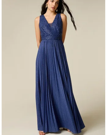 Rochie maxi cu pliuri si aspect stralucitor, Bleumarin