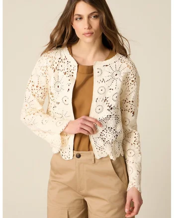 Cardigan scurt cu brdoerie, Crem