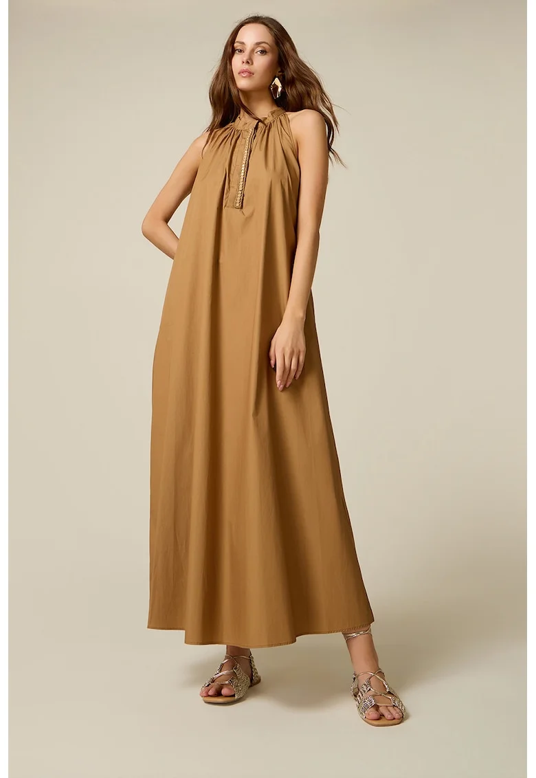 Rochie din bumbac cu detaliu bijuterie, Maro camel