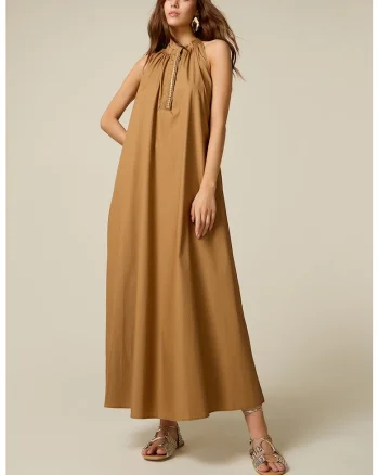 Rochie din bumbac cu detaliu bijuterie, Maro camel