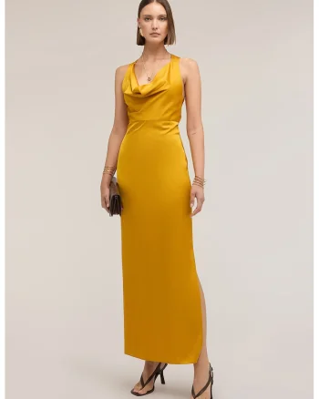 Rochie halter din satin cu decupaj lateral, Galben miere