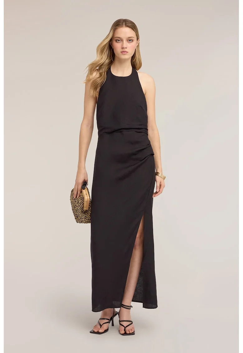 Rochie din amestec de in cu slit lateral si decolteu halter, Negru