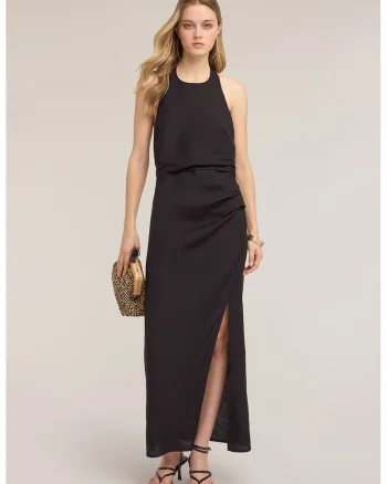 Rochie din amestec de in cu slit lateral si decolteu halter, Negru