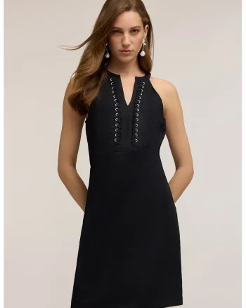 Rochie scurta din in si bumbac, fara maneci, Negru