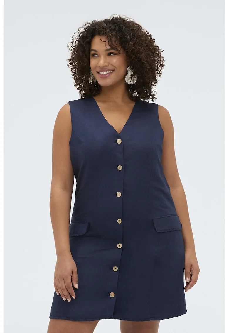 Rochie din amestec de in cu croiala dreapta si nasturi, Bleumarin