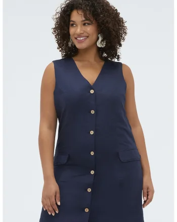 Rochie din amestec de in cu croiala dreapta si nasturi, Bleumarin