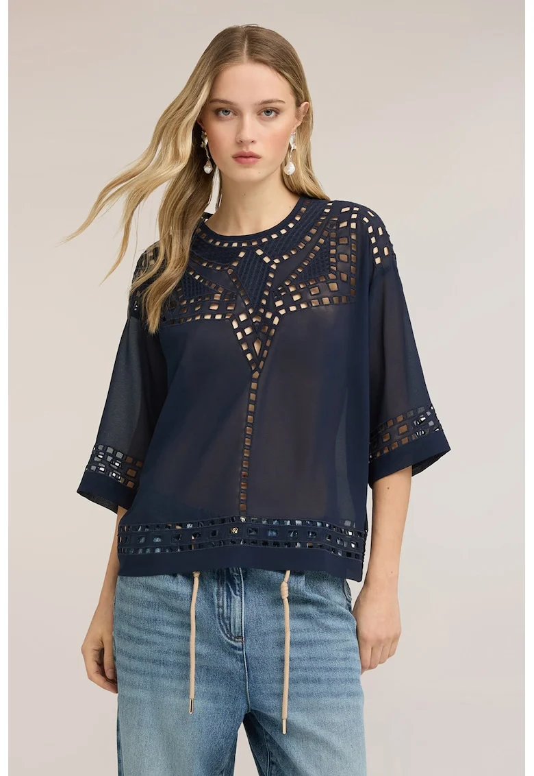 Bluza cu perforatii si maneci medii, Albastru ultramarin