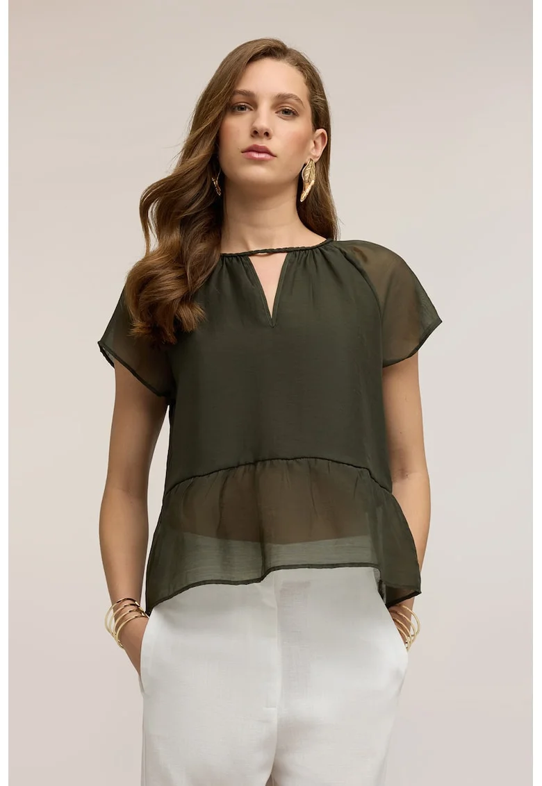 Bluza semitransparenta cu decolteu in V, Verde masliniu inchis
