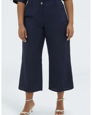 Pantaloni kick flared din amestec de in, Bleumarin
