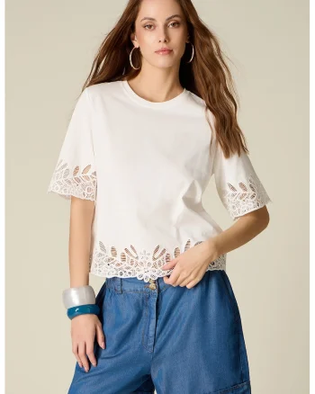 Tricou cu maneci medii si detalii perforate, Alb