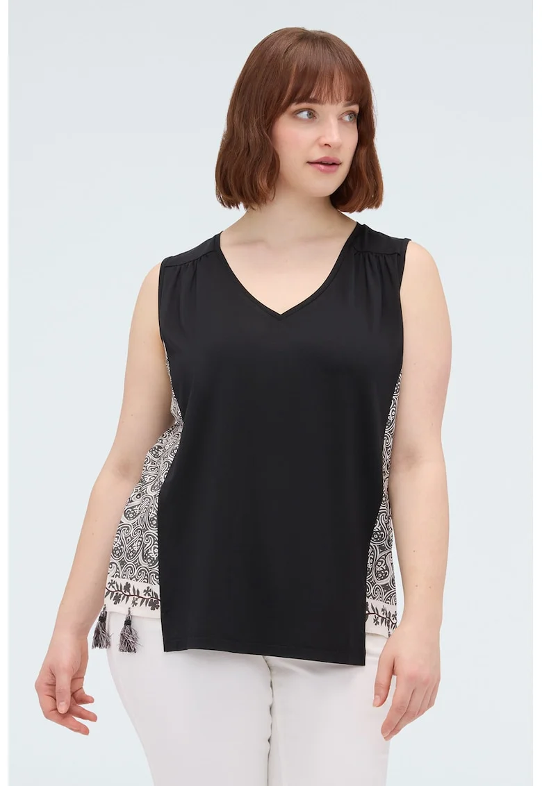 Bluza din amestec de lyocell cu decolteu in V, Alb fildes/Negru