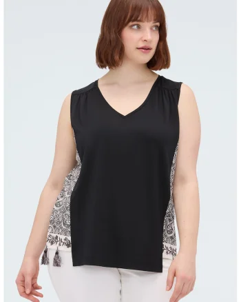 Bluza din amestec de lyocell cu decolteu in V, Alb fildes/Negru