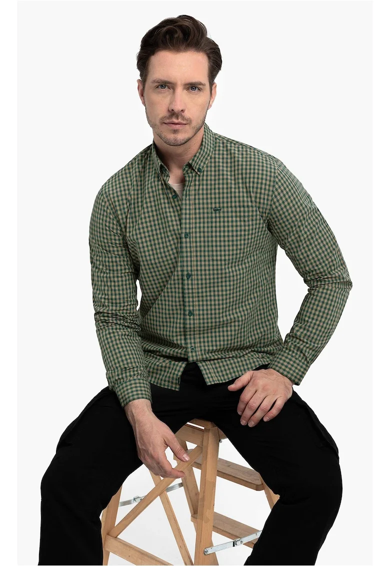 Camasa cu model in carouri, cu guler fixat cu nasturi, maneci lungi, Slim Fit,  K-Rube, Verde, Verde