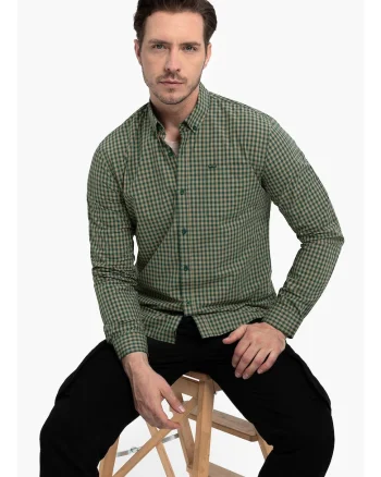 Camasa cu model in carouri, cu guler fixat cu nasturi, maneci lungi, Slim Fit,  K-Rube, Verde, Verde