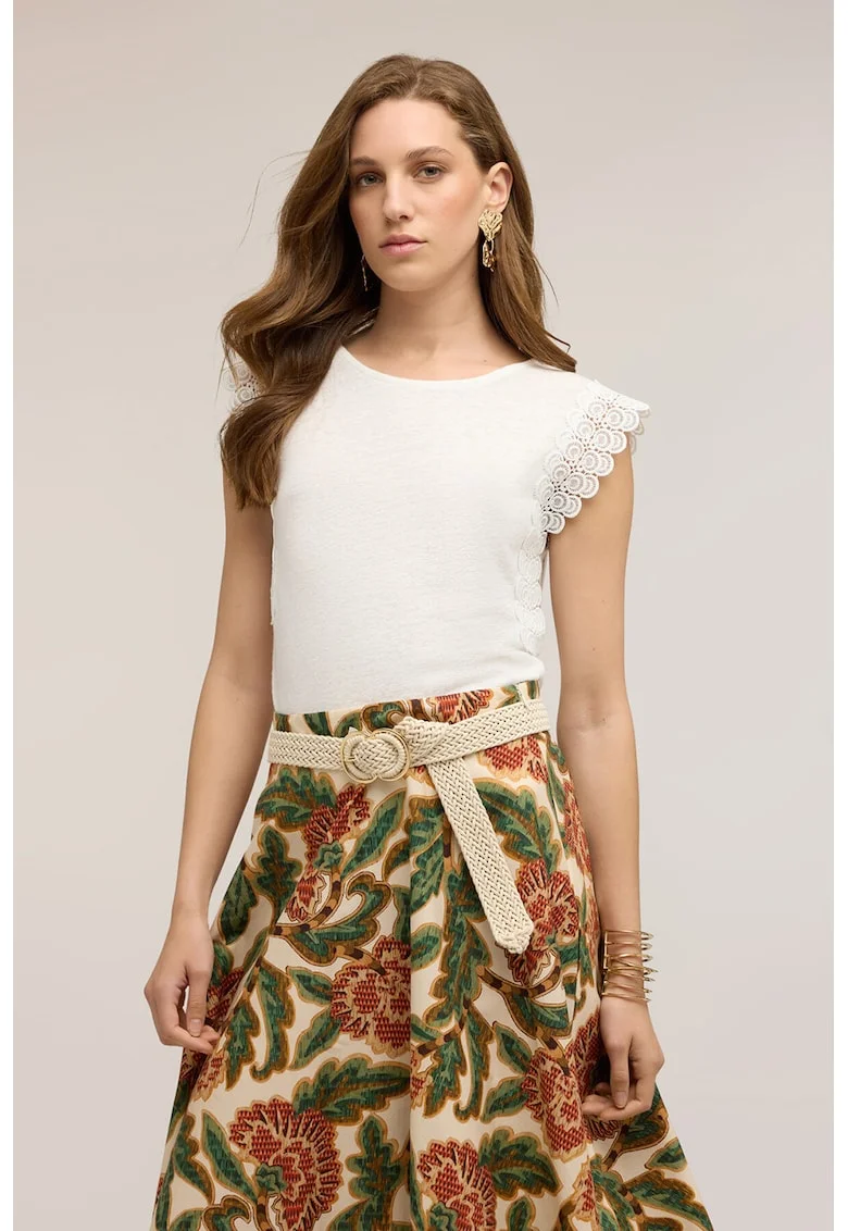 Bluza slim fit din amestec de in cu garnituri din dantela, Alb