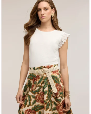 Bluza slim fit din amestec de in cu garnituri din dantela, Alb