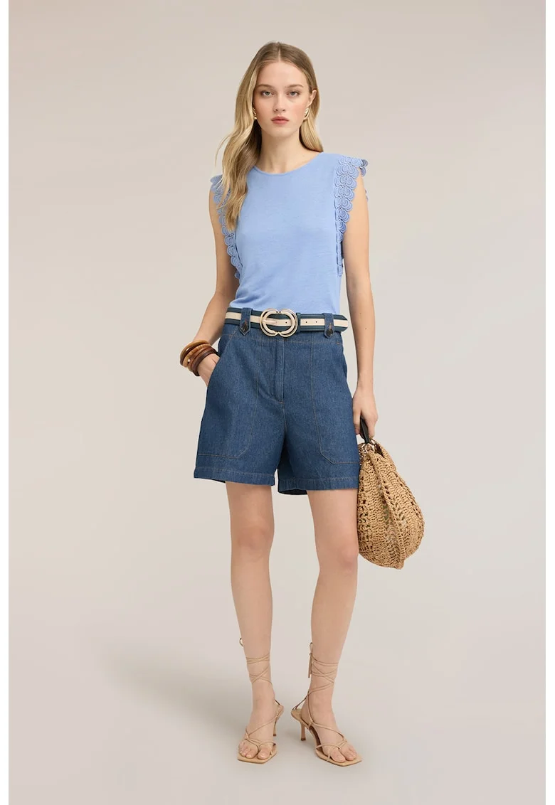 Bluza slim fit din amestec de in cu garnituri din dantela, Albastru azur